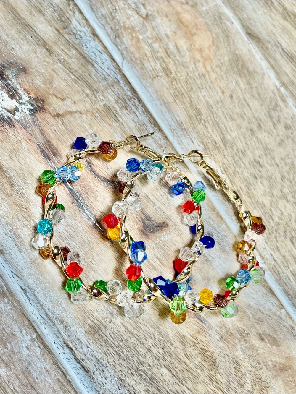 Gold Hoop Earrings with Multicolor Crystal Beads - Women Jewelry